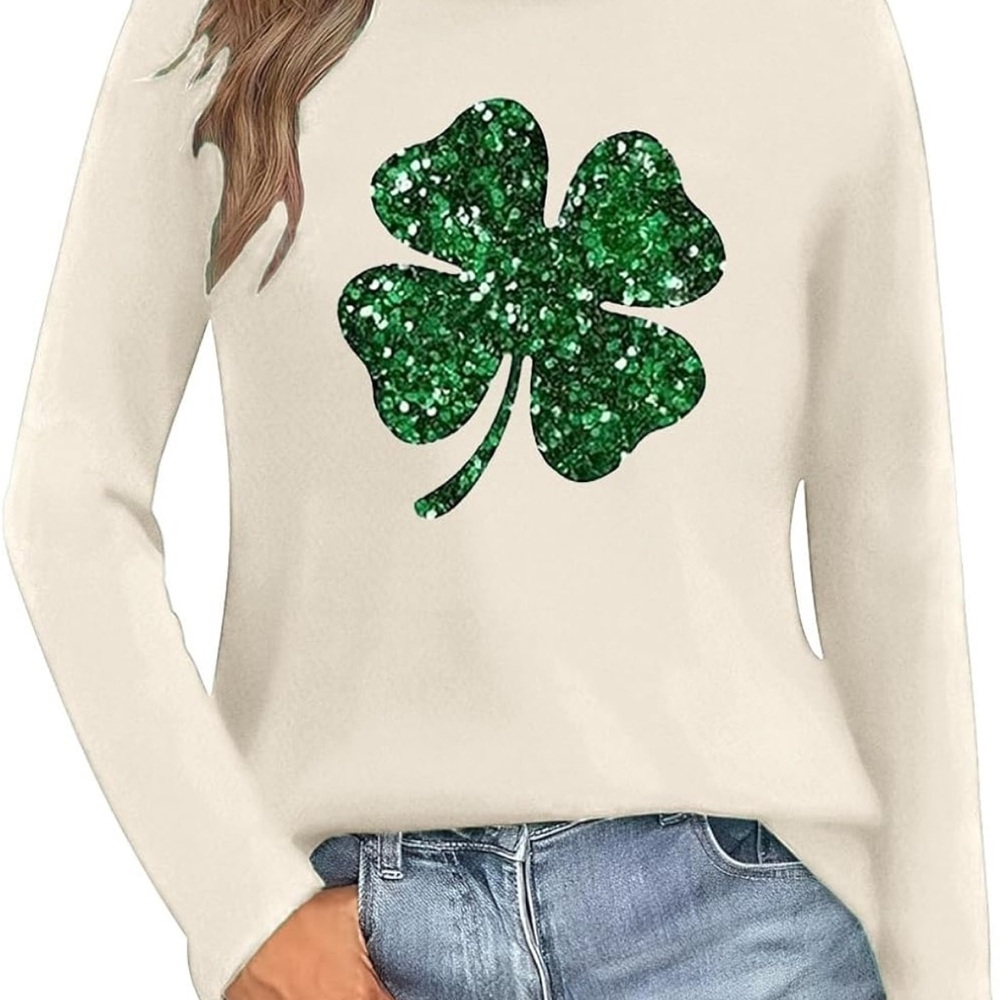 Women's Cream Long Sleeve Top with Green Shamrock